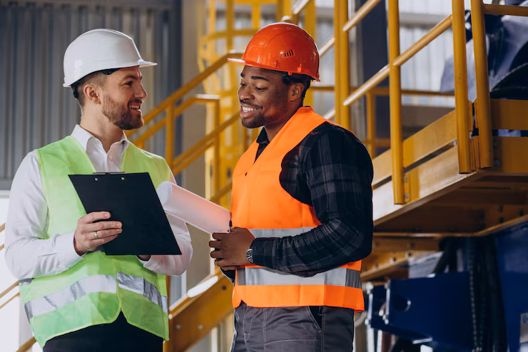 Two construction workers discussing plans in a factory setting, one wearing a hard hat and reflective vest, the other in an orange safety vest, emphasizing teamwork in reconstruction services.