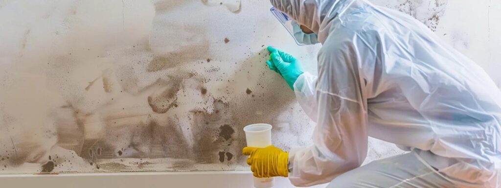 Professional mold remediation in South Carolina, technician treating moldy wall with fungicide.
