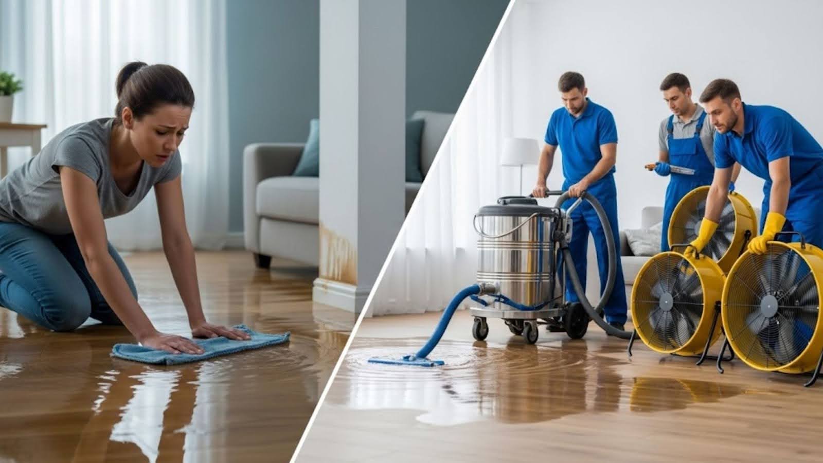 Woman cleaning water from hardwood floor and restoration professionals using equipment for water damage restoration.
